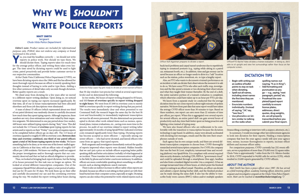 American Police Beat - March 2019 Article - SpeakWrite - Snapshot - March 2019 - Dictation Police Reports