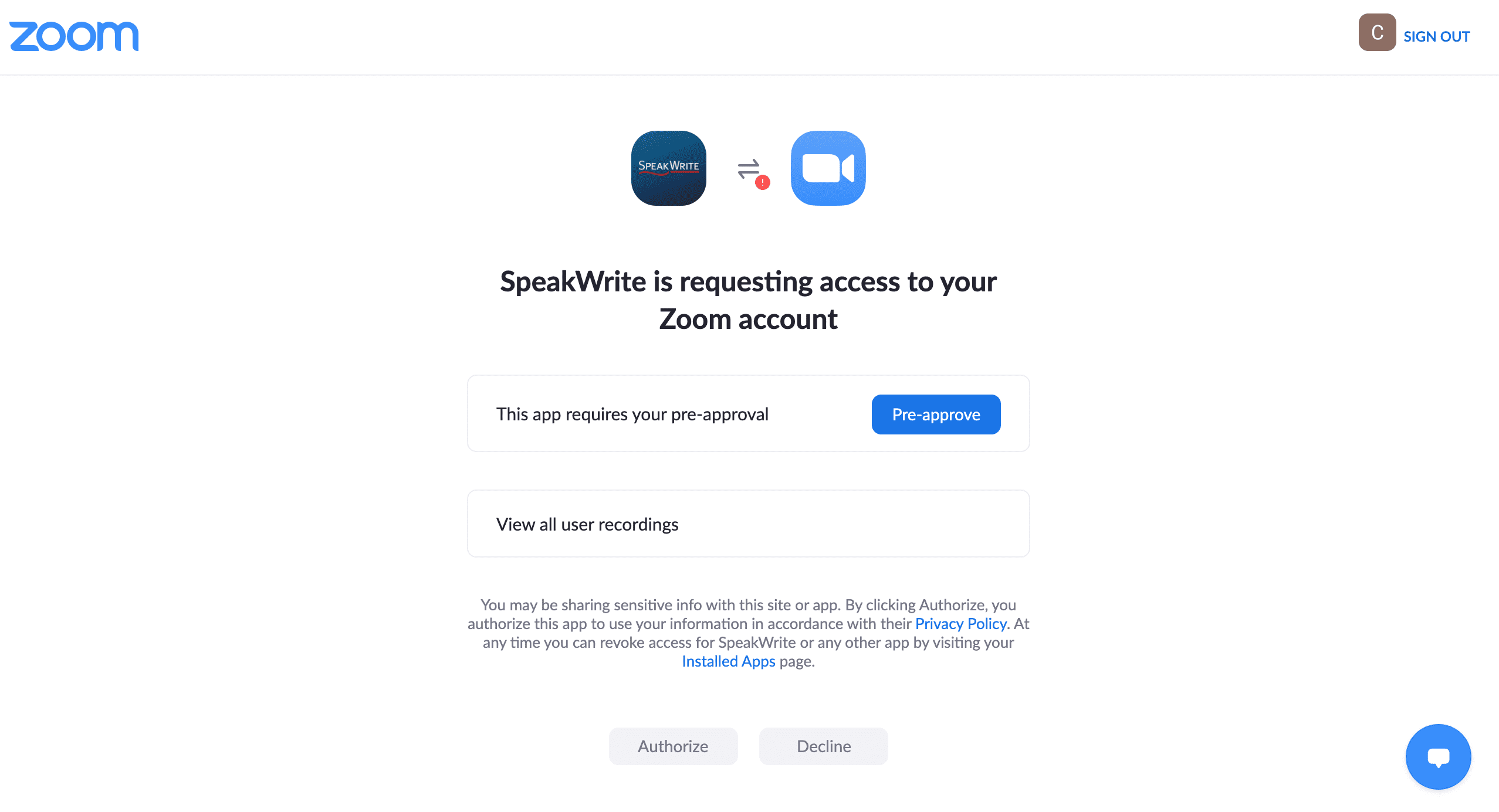 Pre-approve the SpeakWrite app on your Zoom Account